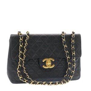 CHANEL Big Matelasse 34 Flap Chain Bag Lamb Skin Black Gold CC Auth am1276gA